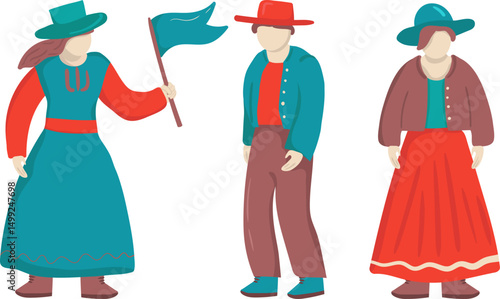 Bilde på lerret set isolated cartoon pioneer day characters traditional costumes, including wome