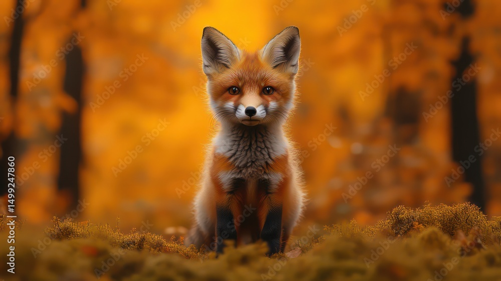 Fototapeta premium Curious red fox cub tilts head, stands on moss with warm beige backdrop enhancing fur.