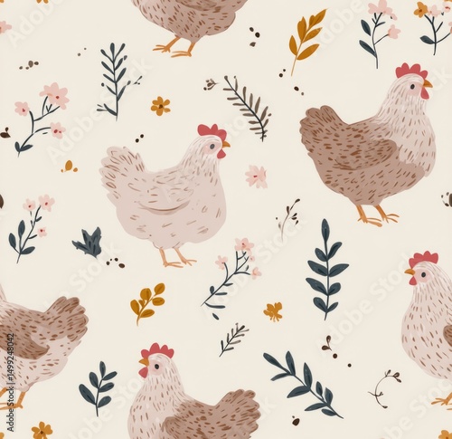 Cute chickens and flowers repeat pattern.