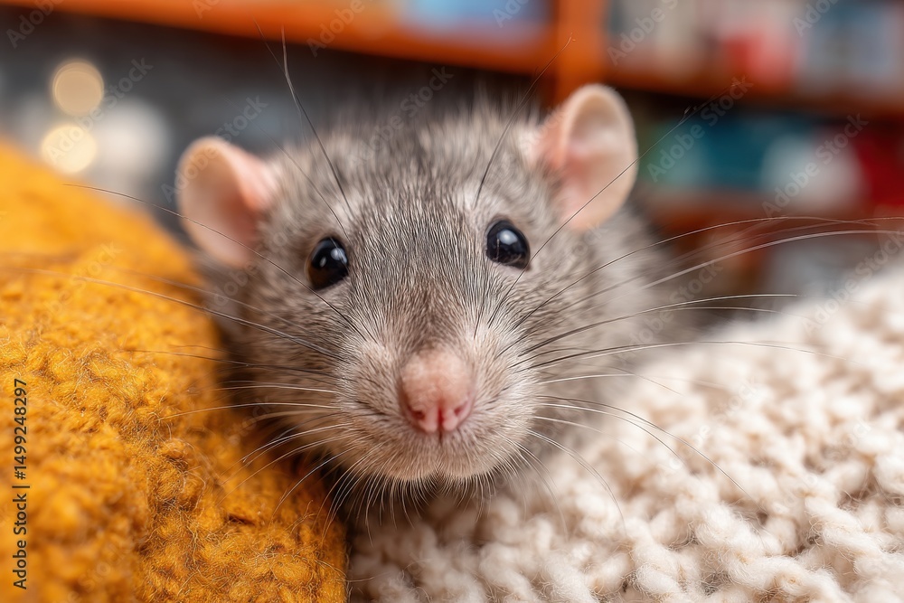 A charming close-up of a grey domestic rat, showcasing its adorable face and whiskers, resting comfortably on cozy knitted fabrics, creating a heartwarming scene. A charming close-up of a grey domestic rat, showcasing its adorable face and whiskers, resting comfortably on cozy knitted fabrics, creating a heartwarming scene.