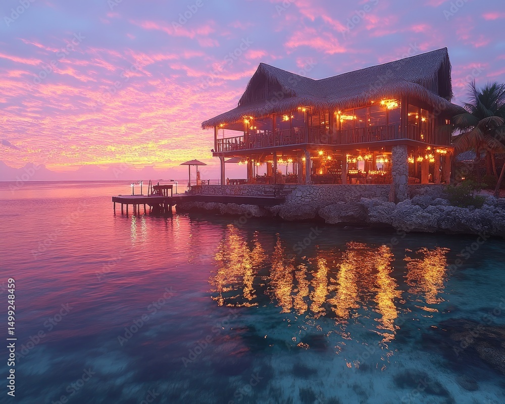 Fototapeta premium Tropical restaurant reflects in ocean under a pink sunset sky. Perfect for vacation ads, romantic getaways, or luxury travel.