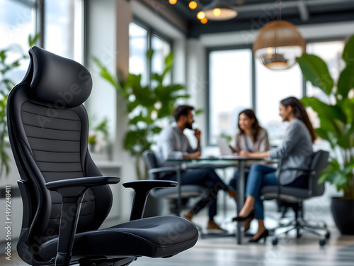 Wallpaper Mural Close up of a black office chair with a meeting in the background and greenery in a modern office Torontodigital.ca