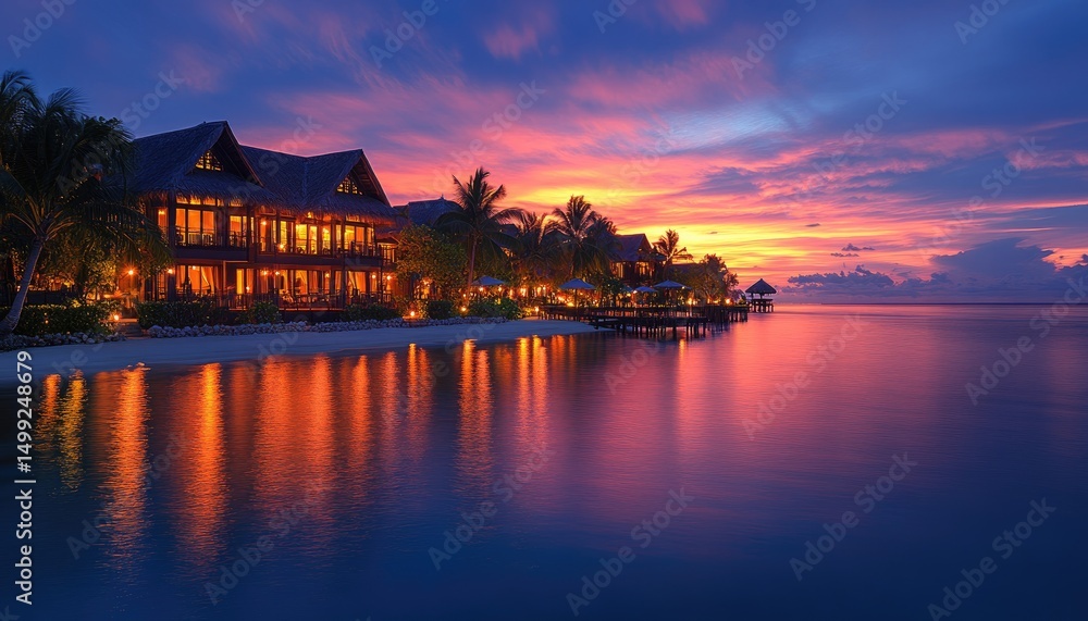 Fototapeta premium Tropical resort reflects on calm ocean water with colorful sunset sky. Ideal for travel blogs, promoting vacations, or luxury lifestyle images.