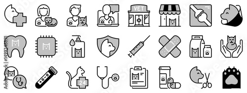Icons in two tones about cats and vet. Pets.