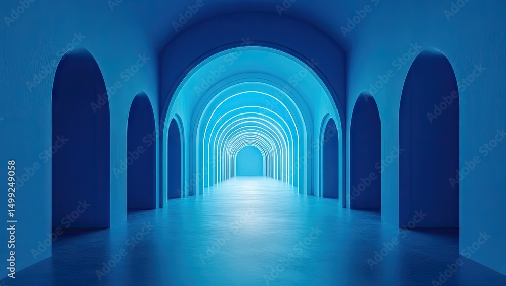 Obraz premium Blue arched hallway, illuminated perspective