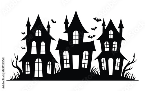 Spooky Haunted Houses Silhouette with Flying Bats and Creepy Trees