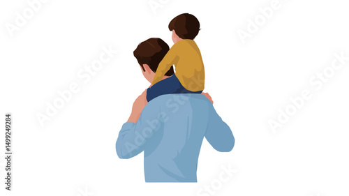 The image is a digital illustration depicting a father and young son from the back. The child is sitting on the father's shoulders. The style is minimalist with flat colors.