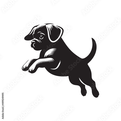 "Adorable Puggle Vector Silhouette: Unique Mixed Breed Dog Design Featuring Wrinkled Face, Curled Tail, and Playful Stance in Clean, Minimalist Style for Crafts and Prints"

