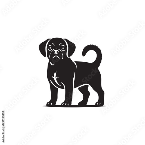 "Adorable Puggle Vector Silhouette: Unique Mixed Breed Dog Design Featuring Wrinkled Face, Curled Tail, and Playful Stance in Clean, Minimalist Style for Crafts and Prints"
