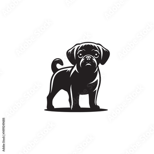"Adorable Puggle Vector Silhouette: Unique Mixed Breed Dog Design Featuring Wrinkled Face, Curled Tail, and Playful Stance in Clean, Minimalist Style for Crafts and Prints"

