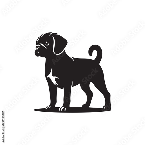 "Adorable Puggle Vector Silhouette: Unique Mixed Breed Dog Design Featuring Wrinkled Face, Curled Tail, and Playful Stance in Clean, Minimalist Style for Crafts and Prints"
