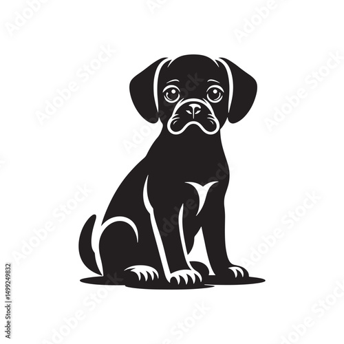 "Adorable Puggle Vector Silhouette: Unique Mixed Breed Dog Design Featuring Wrinkled Face, Curled Tail, and Playful Stance in Clean, Minimalist Style for Crafts and Prints"
