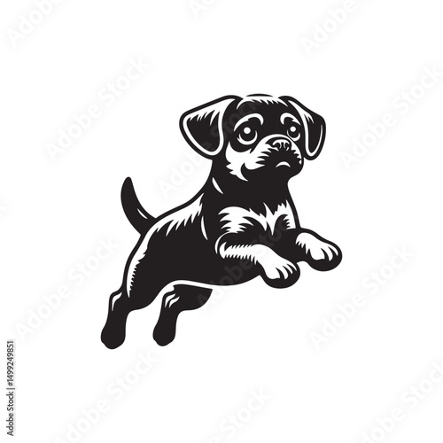 "Adorable Puggle Vector Silhouette: Unique Mixed Breed Dog Design Featuring Wrinkled Face, Curled Tail, and Playful Stance in Clean, Minimalist Style for Crafts and Prints"
