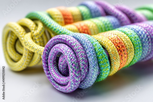 Close-up of a coiled, vibrant rainbow-colored climbing rope, showing intricate textures, patterns, and a spectrum of colors, perfect for backgrounds, designs.