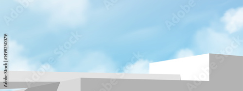 Sky blue, Cloud background and Stand cylindrical podium pedestal,Minimal Abstract shape white, grey 3d abstract stage showcase platform for product display mockup for cosmetic, spa, beauty banner