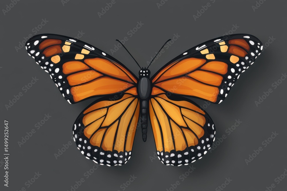Obraz premium Monarch Butterfly Illustration with Open Wings Detailed Orange Black Design Nature Art Wildlife Insects Animals Spring