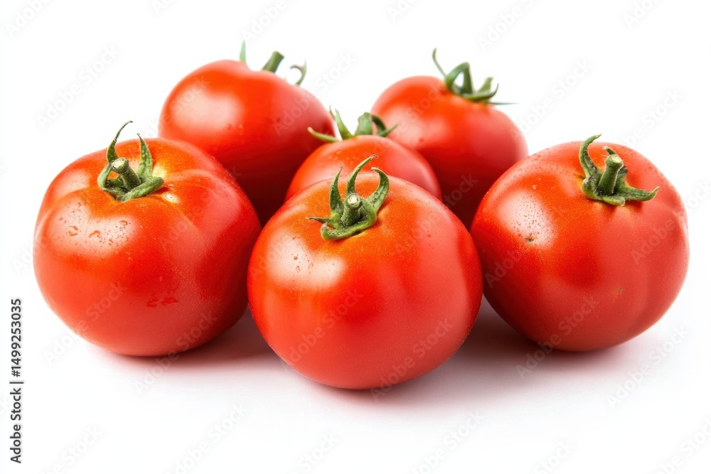Vibrant arrangement of six fresh and ripe red tomatoes on a white background, various sizes and shapes, shiny and colorful Vibrant arrangement of six fresh and ripe red tomatoes on a white background, various sizes and shapes, shiny and colorful