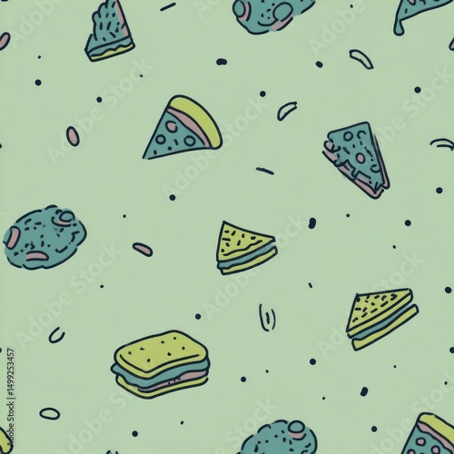 Hand-drawn pattern of pizza...