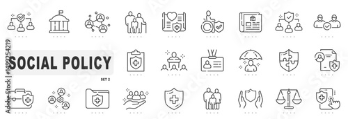 Set of social policy related line icons. Service, insurance, government, society etc. Editable stroke. Set 2