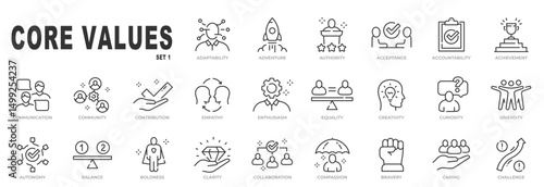 Set of core values related icons. Editable stroke. Set 1