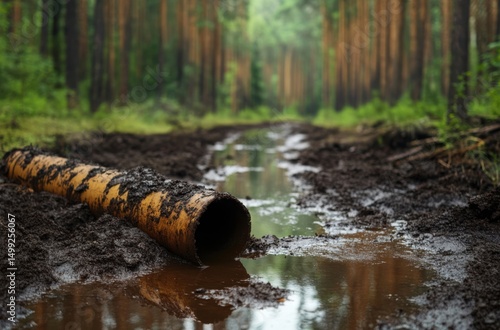 Wallpaper Mural Crude oil spilling from rusty pipe onto soil in forest environment Torontodigital.ca