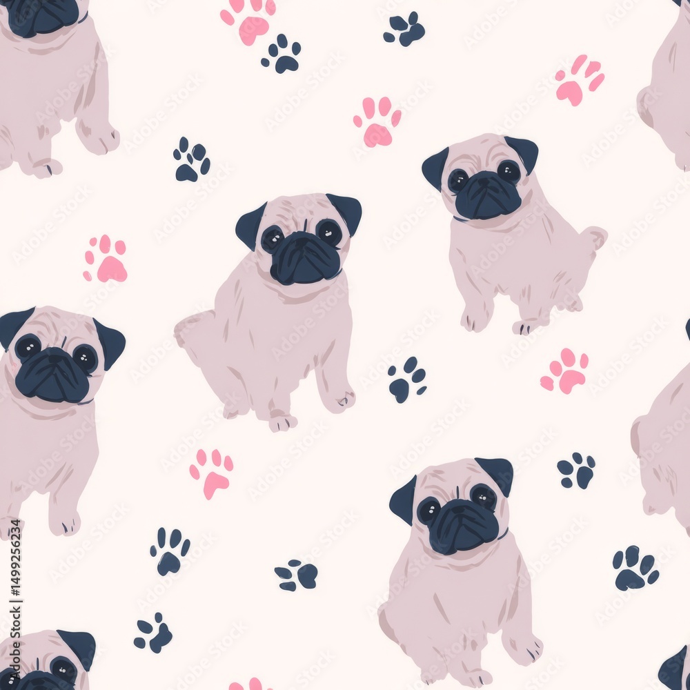 Fototapeta premium Pug dogs and paw prints on a seamless pattern.