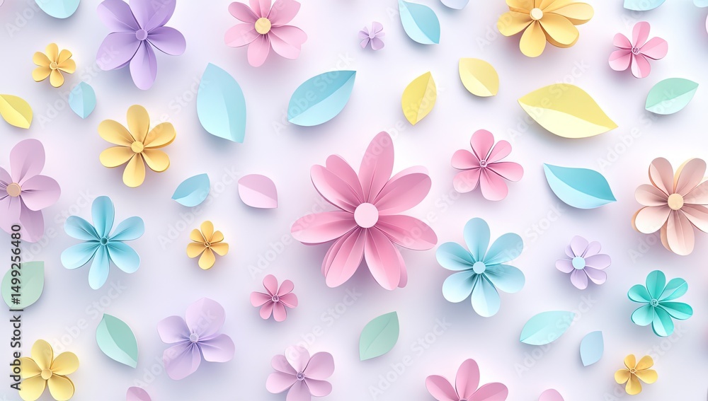Pastel paper flowers and leaves. A cheerful, colorful, and detailed pattern of various pastel-colored paper flowers and leaves arranged on a light background Pastel paper flowers and leaves. A cheerful, colorful, and detailed pattern of various pastel-colored paper flowers and leaves arranged on a light background