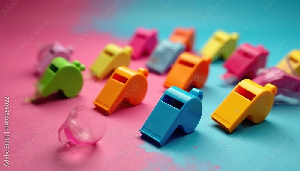 Group of whistles, scattered on a vibrant surface, ready for a party , party supplies, scattered whistles Group of whistles, scattered on a vibrant surface, ready for a party , party supplies, scattered whistles