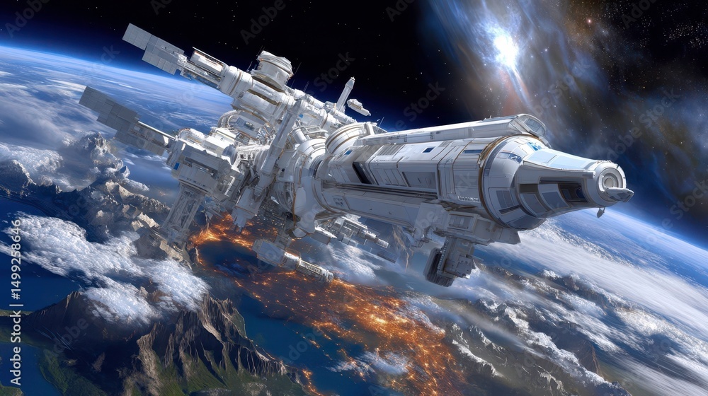 Obraz premium Space Station Orbiting Earth: Future Technology, Space Exploration, Sci-Fi Concept.