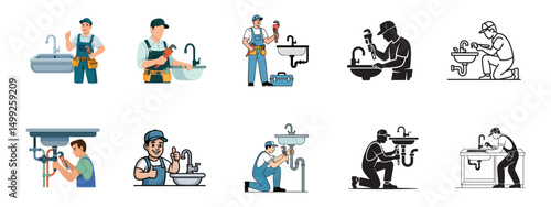 set of plumber service icons, sink repair and residential plumbing maintenance
