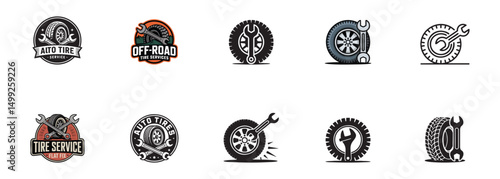 set of tire service icons, automotive wheel repair and vehicle maintenance
