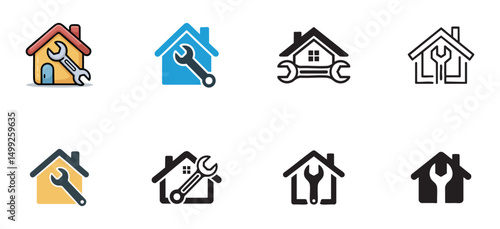 home repair icon set, house and wrench vector service symbols