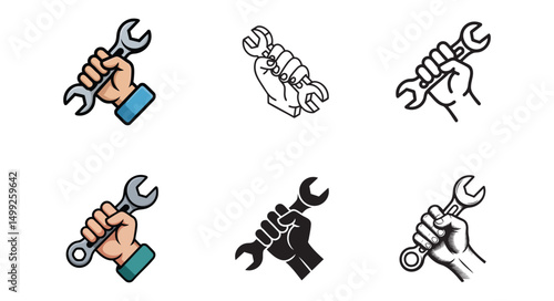 hand holding wrench icon set, repair and maintenance vector illustrations
