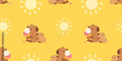 Seamless pattern with cute summer capybaras in various poses and items. Hand drawn cartoon flat style. Vacation seasonal template for design, kids collection
