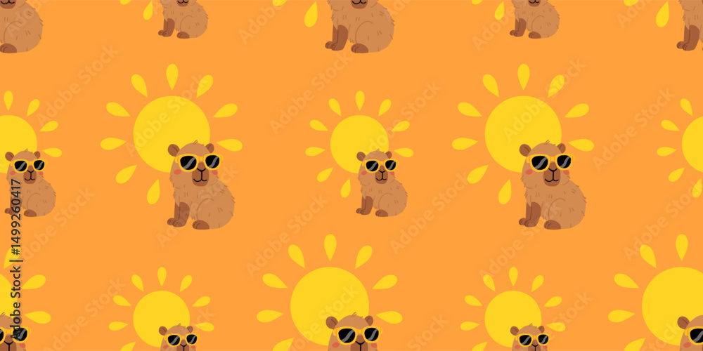 Fototapeta premium Seamless pattern with cute summer capybaras in various poses and items. Hand drawn cartoon flat style. Vacation seasonal template for design, kids collection