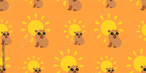 Seamless pattern with cute summer capybaras in various poses and items. Hand drawn cartoon flat style. Vacation seasonal template for design, kids collection