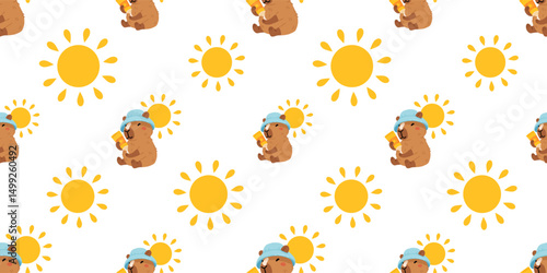 Seamless pattern with cute summer capybaras in various poses and items. Hand drawn cartoon flat style. Vacation seasonal template for design, kids collection