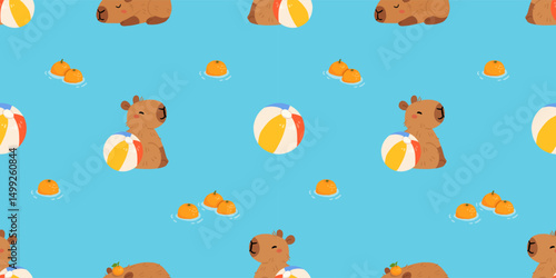 Seamless pattern with cute summer capybaras in various poses and items. Hand drawn cartoon flat style. Vacation seasonal template for design, kids collection