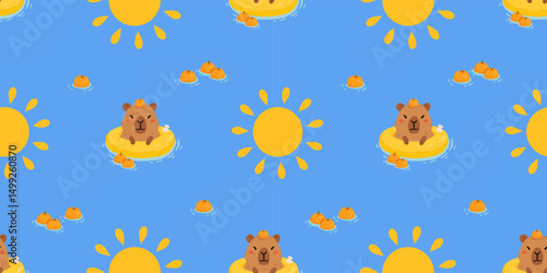 Seamless pattern with cute summer capybaras in various poses and items. Hand drawn cartoon flat style. Vacation seasonal template for design, kids collection