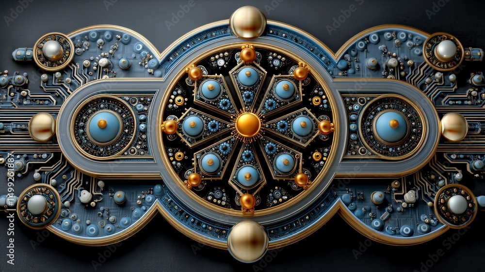 Futuristic Abstract Design with Metallic Elements and Circular Patterns on a Dark Background Futuristic Abstract Design with Metallic Elements and Circular Patterns on a Dark Background
