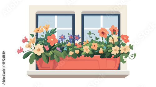 The image is a vector illustration depicting a vibrant window box overflowing with a variety of spring flowers in shades of orange, yellow, pink, and purple. The flowers are depicted