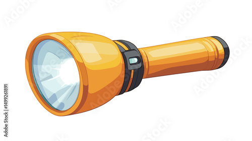A digital illustration of a bright orange flashlight, rendered in a vector style. The flashlight is depicted at a three-quarter angle against a pure white background. The body is a vibrant orange.