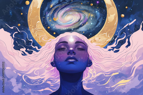 Surreal Cosmic Art: Galaxy and Crescent Moon with Flowing Hair in Dreamlike Night Sky, Mystical Stars, and Ethereal Fantasy Illustration.