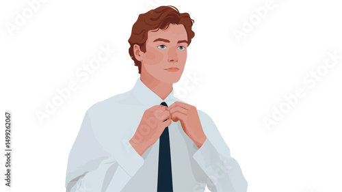A digital illustration depicts a young man with reddish-brown hair adjusting his dark-colored necktie. He is wearing a crisp white shirt. The style is minimalist and flat, utilizing solid colors