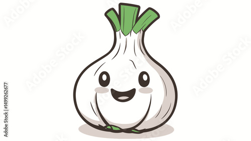 A digital illustration of a cartoon garlic bulb. The garlic is anthropomorphized with a smiling face, rosy cheeks, and large, expressive eyes, characteristic of kawaii style. The style is