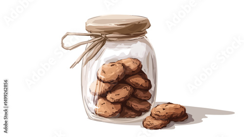 A digital painting depicting a clear glass jar filled with several small, brown, homemade cookies. The jar has a light brown lid and is tied with a piece of twine. A few cookies are spilled next
