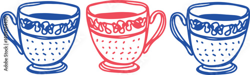 Restaurant table setting cups. Drawing, ink, line art, vector