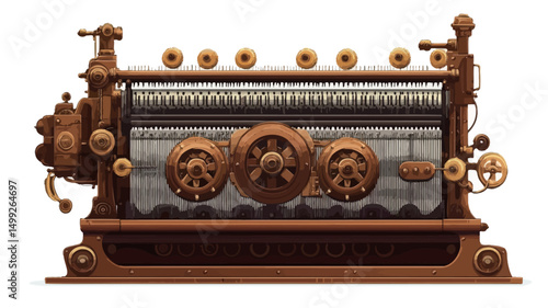 The image presents a detailed digital rendering of a steampunk-style brewing apparatus. The apparatus is predominantly brown and metallic, exhibiting a rich texture suggestive of aged copper.