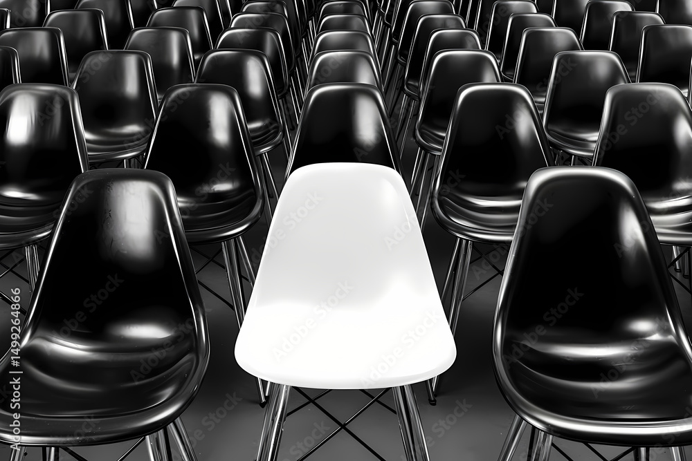 Obraz premium White chair standing out from the crowd of black chairs