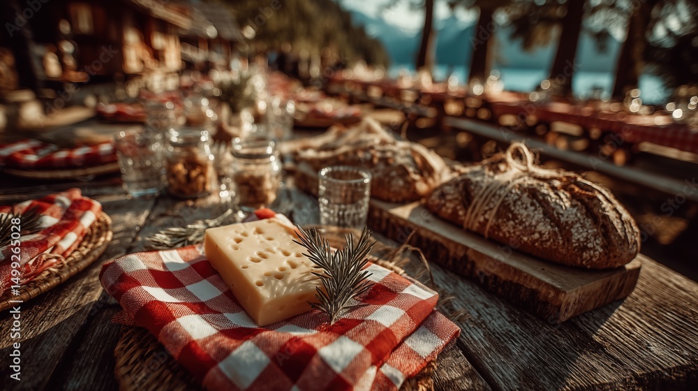 Fototapeta premium Elegant picnic table decorated with red checkered tablecloth, baskets, pastries and floral centerpieces for scenic Swiss National Day celebration by the marina and historic architecture